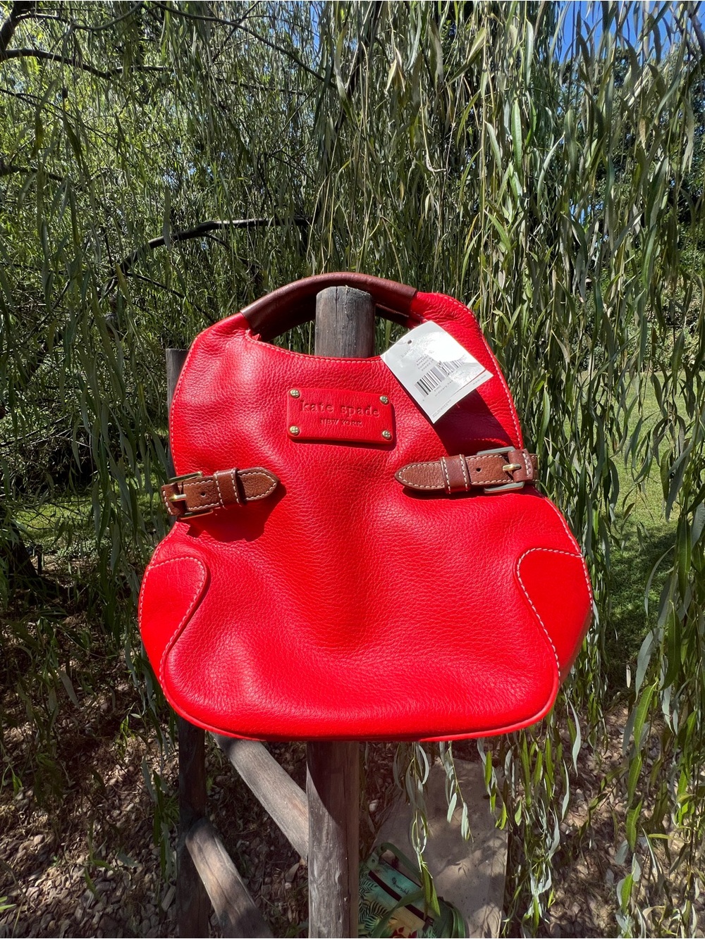 Vintage kate spade Bright Red Pebbled Leather Shoulder Bag with Brown Accents